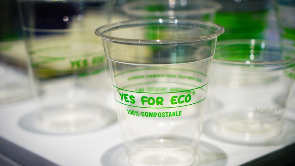 A clear cup made from compostable bio-plastic