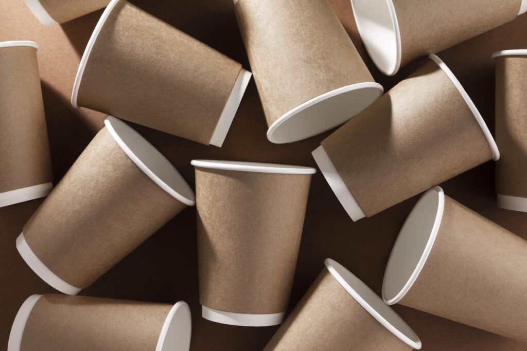Disposable paper coffee cups. 