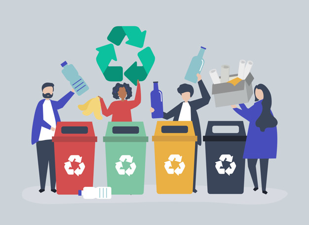 Stock image of animated people recycling. 