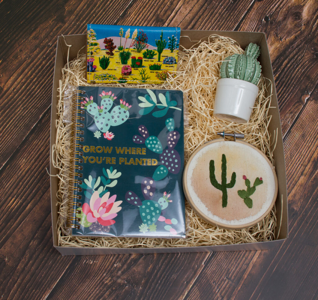 Curated gift box set with cactus themed gift items inside